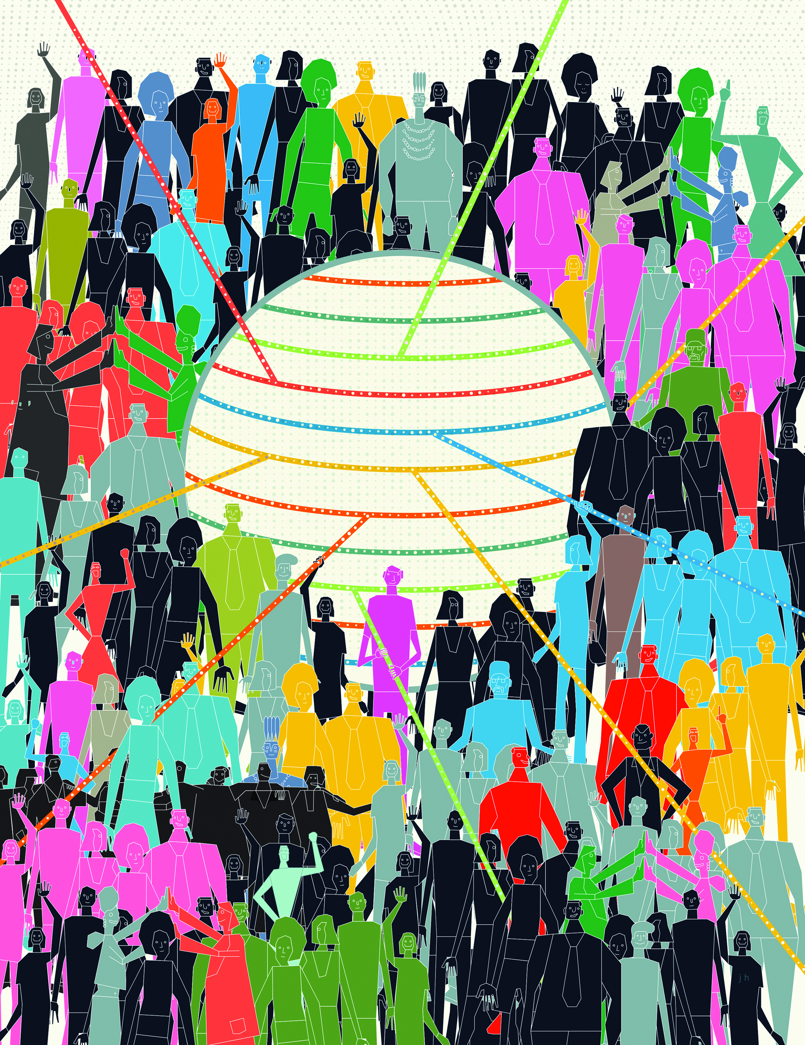 Ilustración de una multitud diversa de personas conectadas por líneas de colores alrededor de una estructura central, simbolizando redes, colaboración e innovación colectiva.