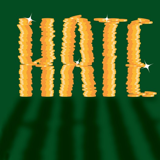 Ilustración de Jennifer Heuer en donde se lee la palabra "Hate" escrita con monedas de oro.