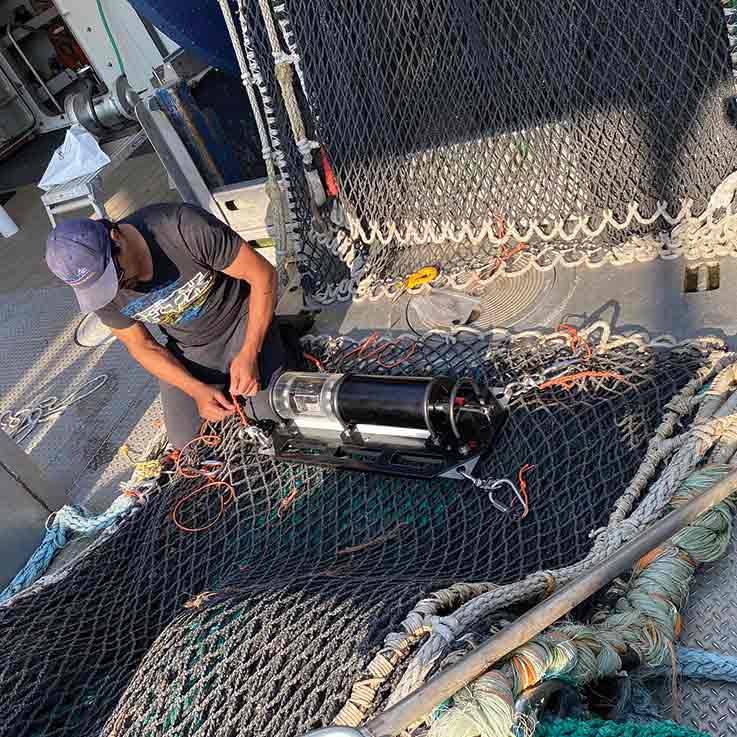 Un marinero instala el sistema de cámara DigiCatch de SmartCatch en una red en el barco de pesca Pegasus.