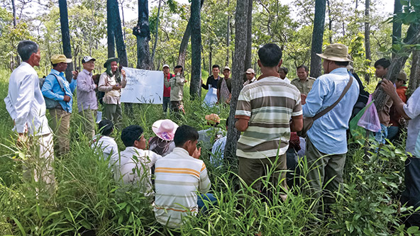 Los formadores enseñan a planificar y gestionar el uso sostenible de la tierra en la restauración del paisaje forestal del Mekong en Camboya. 
