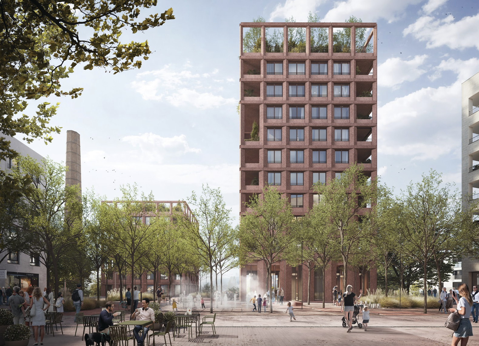 Materiales de la urbanización Sugar Factory (arriba), en Praga, se construyeron con Rebetong u “hormigón verde” (abajo), creado por la constructora multinacional Skanska.
