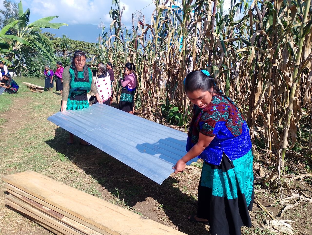 Mujeres de la comunidad de Chojolhó transportando materiales para el mejoramiento de sus gallineros en Chojolhó, Municipio Chenalhó, Chiapas, otro proyecto finalista para participar en la primera etapa de los Hubs sOSCiales.