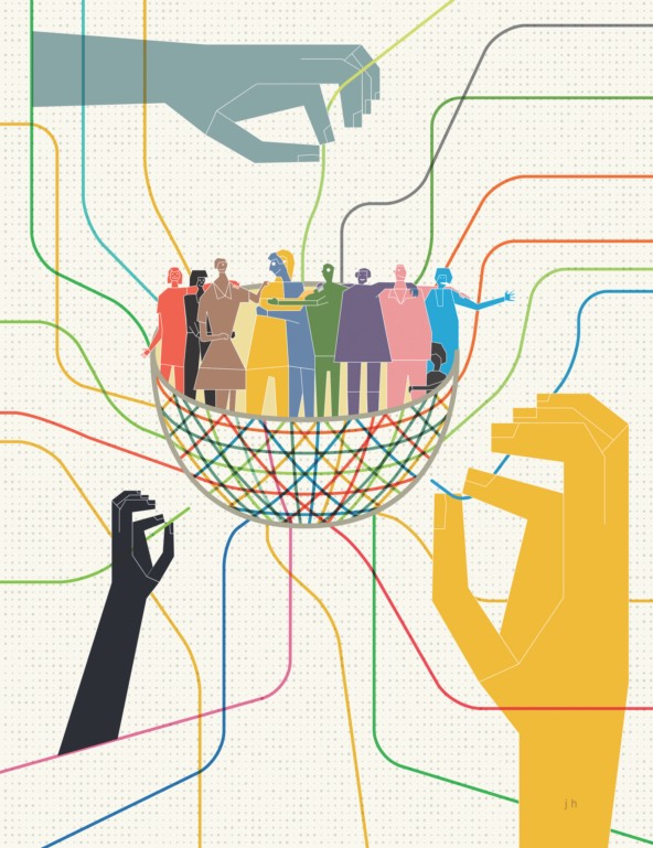 Ilustración de un grupo diverso de personas sostenidas por manos y líneas interconectadas, representando apoyo colectivo, colaboración y redes de impacto social.